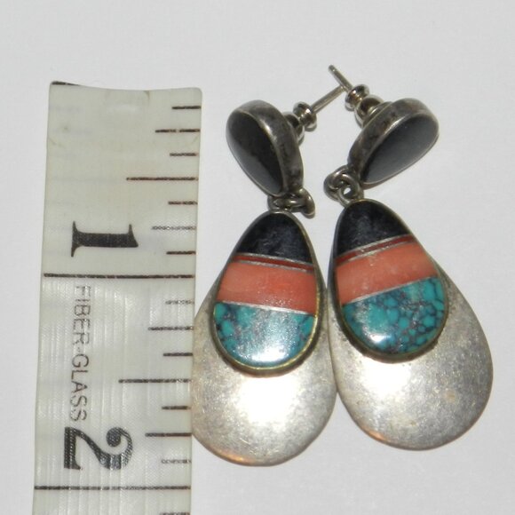 Navajo John Charley Silver 925 - Turquoise Lapis Inlay Earrings 13.3g - Picture 5 of 11